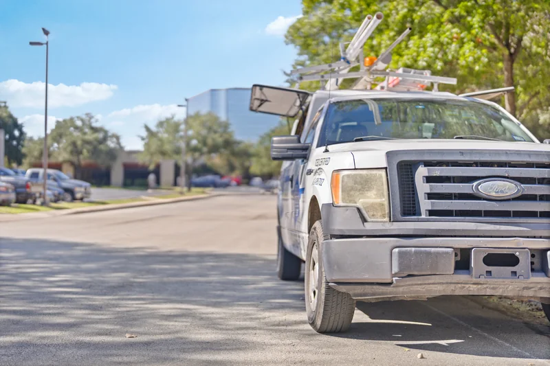 H2O Plumbing Authority service truck parked beside a tree-lined street