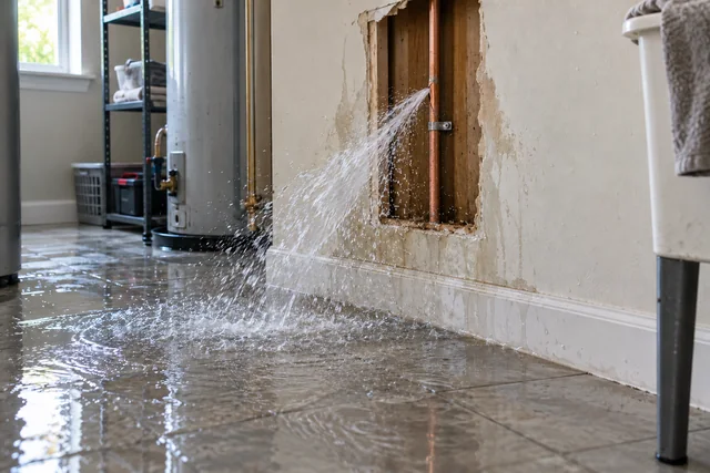 Water spraying from a burst copper supply pipe into a spreading pool on a utility-room floor.