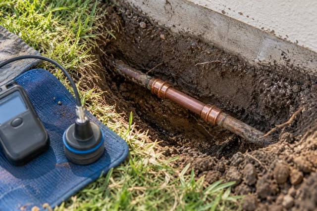 Copper Water-Line Repair and Leak Detection Equipment Exposed copper water line with a replacement section and leak-detection equipment beside a house foundation.