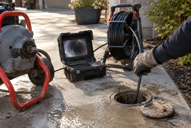 Drain-clearing machine, inspection cable reel, and camera monitor beside an open outdoor cleanout.