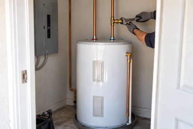 Gloved hands working on a copper supply connection above an electric tank water heater.