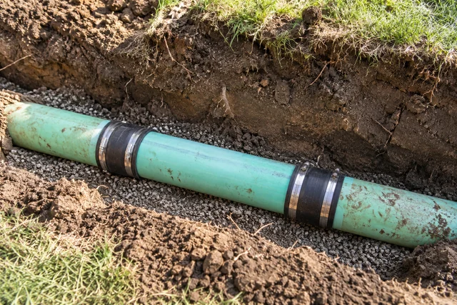 Replacement section of green sewer pipe joined with two dark repair couplings in an open yard trench.