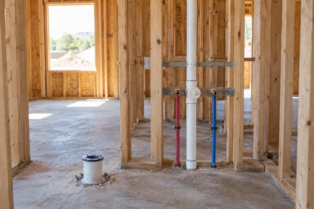 Bathroom Plumbing Rough-In for New Construction White drain and vent piping with red and blue water supply stub-outs inside unfinished bathroom framing.