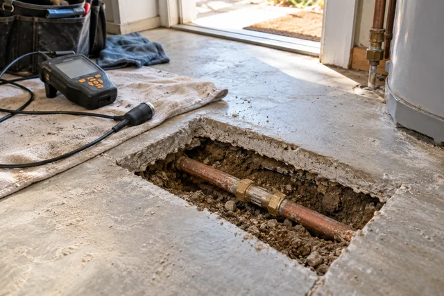 Rectangular opening in a concrete slab exposing a copper water line and repair coupling.