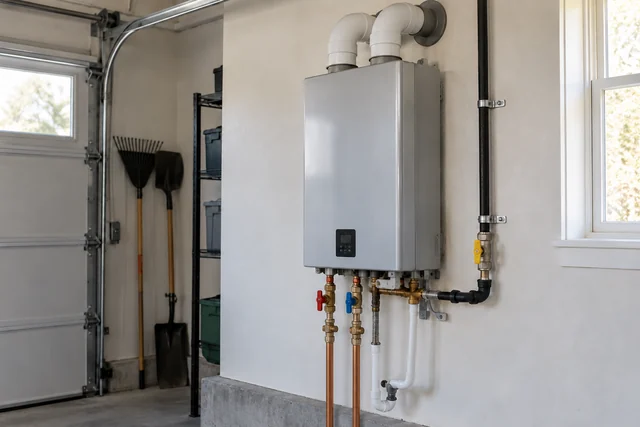 Tankless Water Heater with Venting and Isolation Valves Wall-mounted tankless water heater with white vent pipes, copper water lines, and red and blue isolation valves.