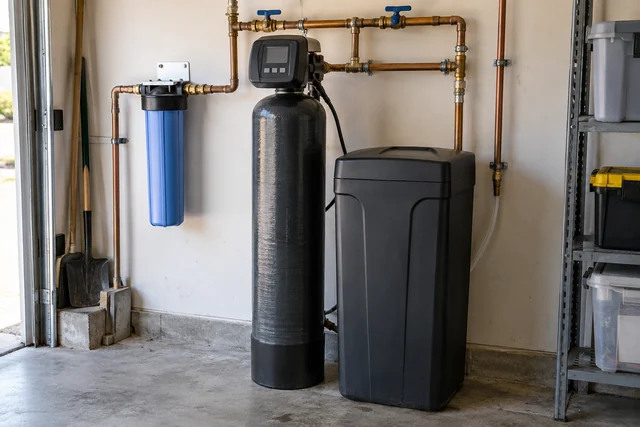 Water softener, brine tank, and blue whole-house filter connected to copper piping in a garage.
