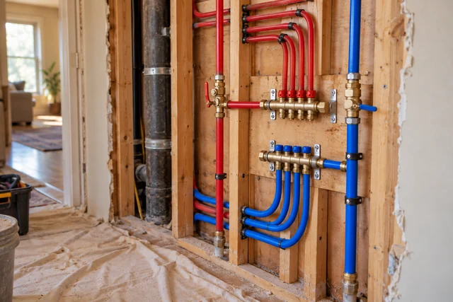 Hot and Cold Water Manifolds for Whole-House Repiping Separate red and blue PEX supply lines connected to brass hot and cold water manifolds inside an open wall.