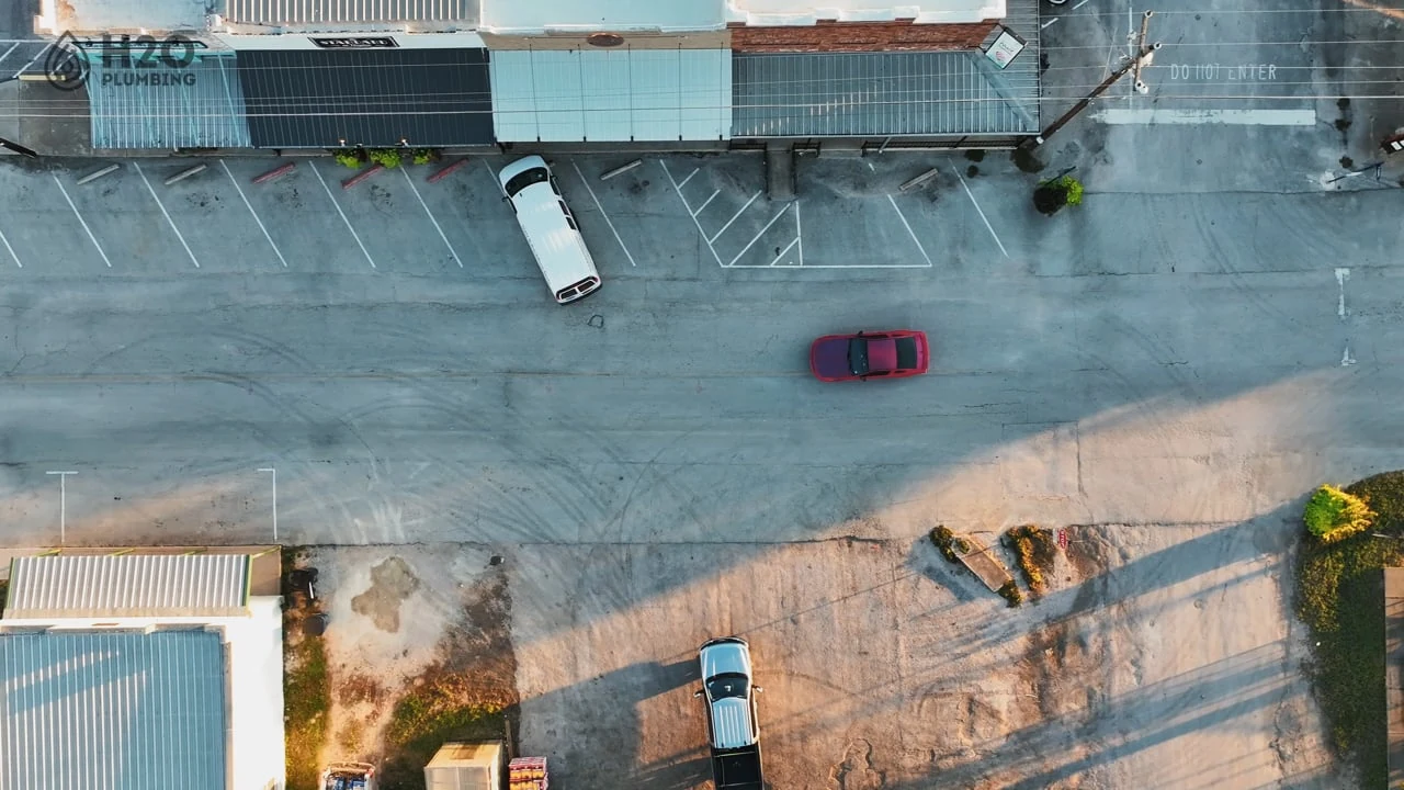 Aerial street view from H2O Plumbing Authority’s drain-cleaning service film