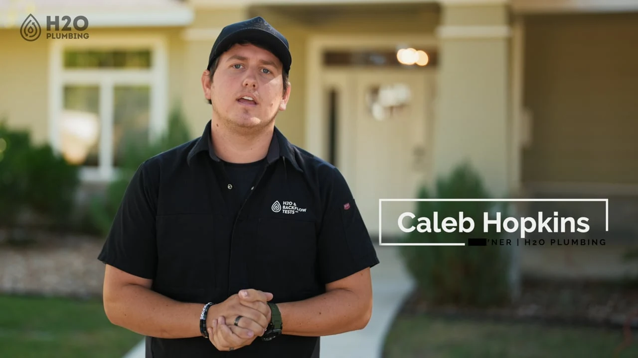 Caleb Hopkins presenting H2O Plumbing Authority’s water heater repair and replacement service film